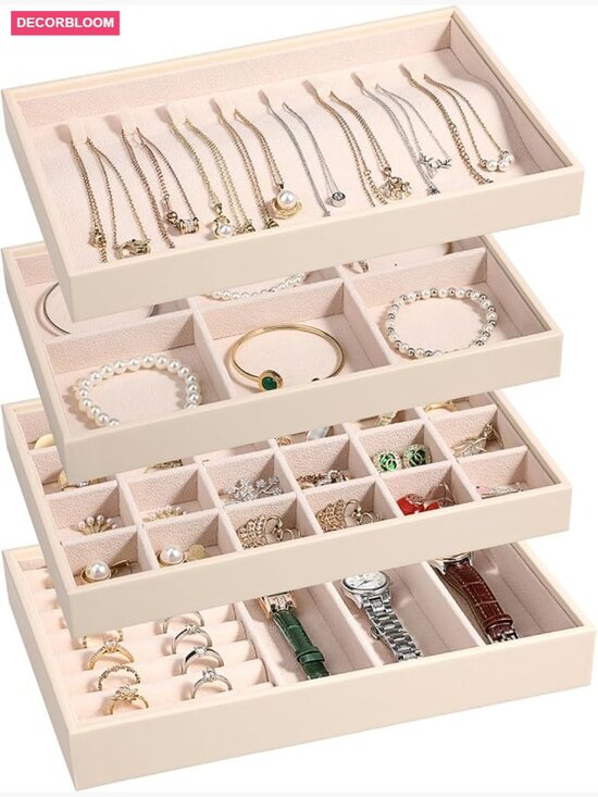 Stackable Jewelry Organizer Trays 4 Set - PU Leather Storage Display Case with main image 6